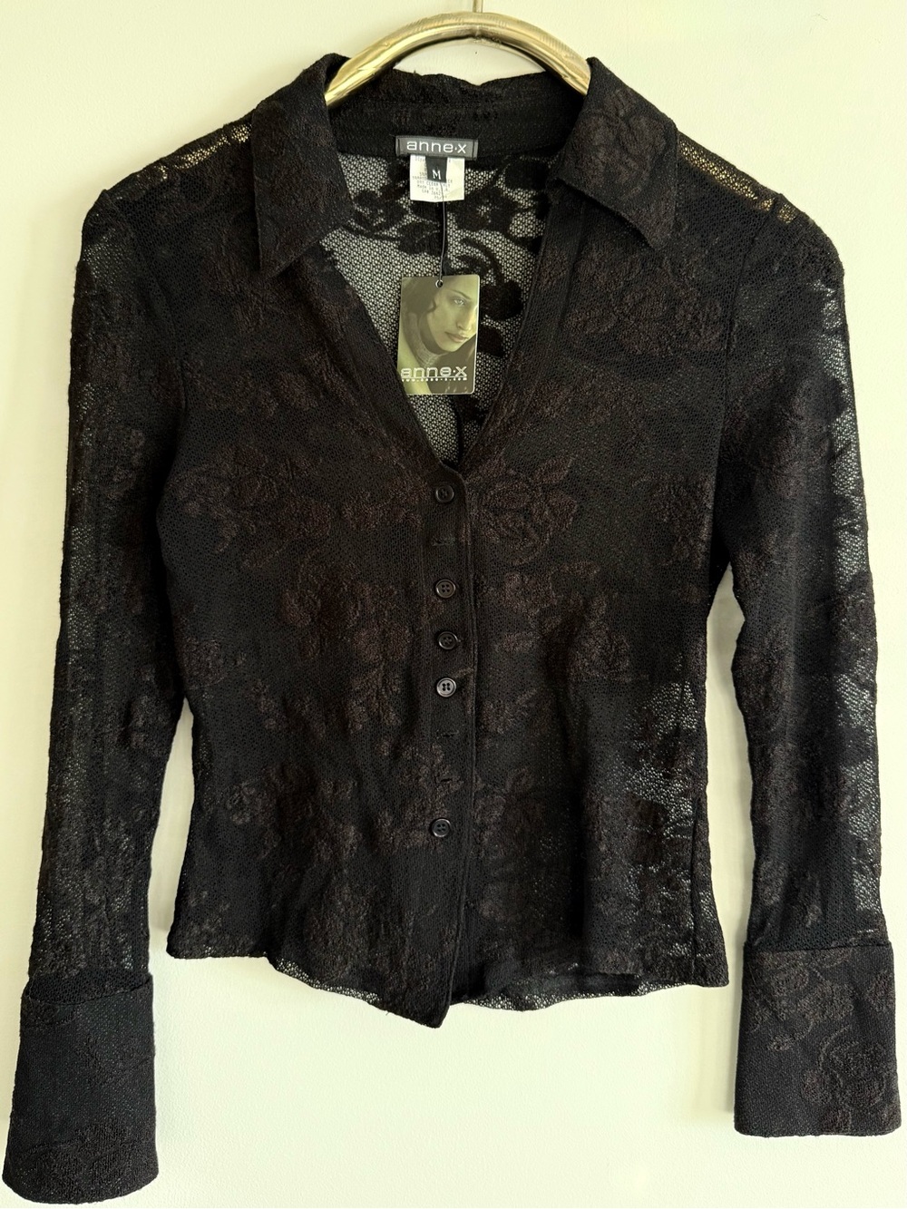 Vintage Y2K Anne.X Black Sheer Floral Mesh Button Blouse NWT M